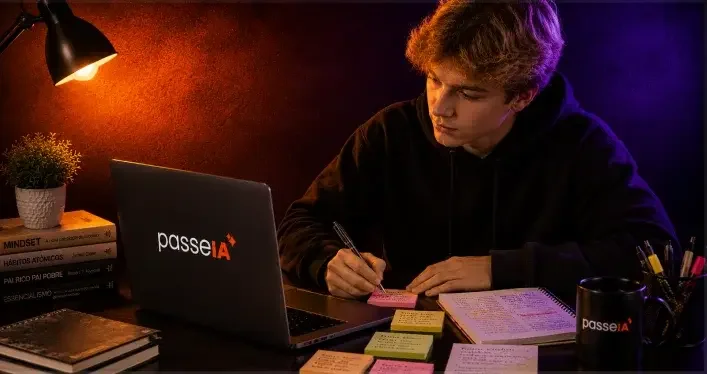 Studenta usando um notebook em imagem da campanha PasseIA