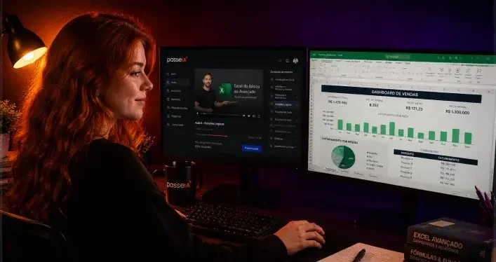 Pessoa trabalhando com cursos e planilhas em imagem da campanha PasseIA
