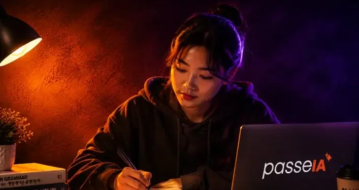 Studenta revisando anotações em imagem da campanha PasseIA